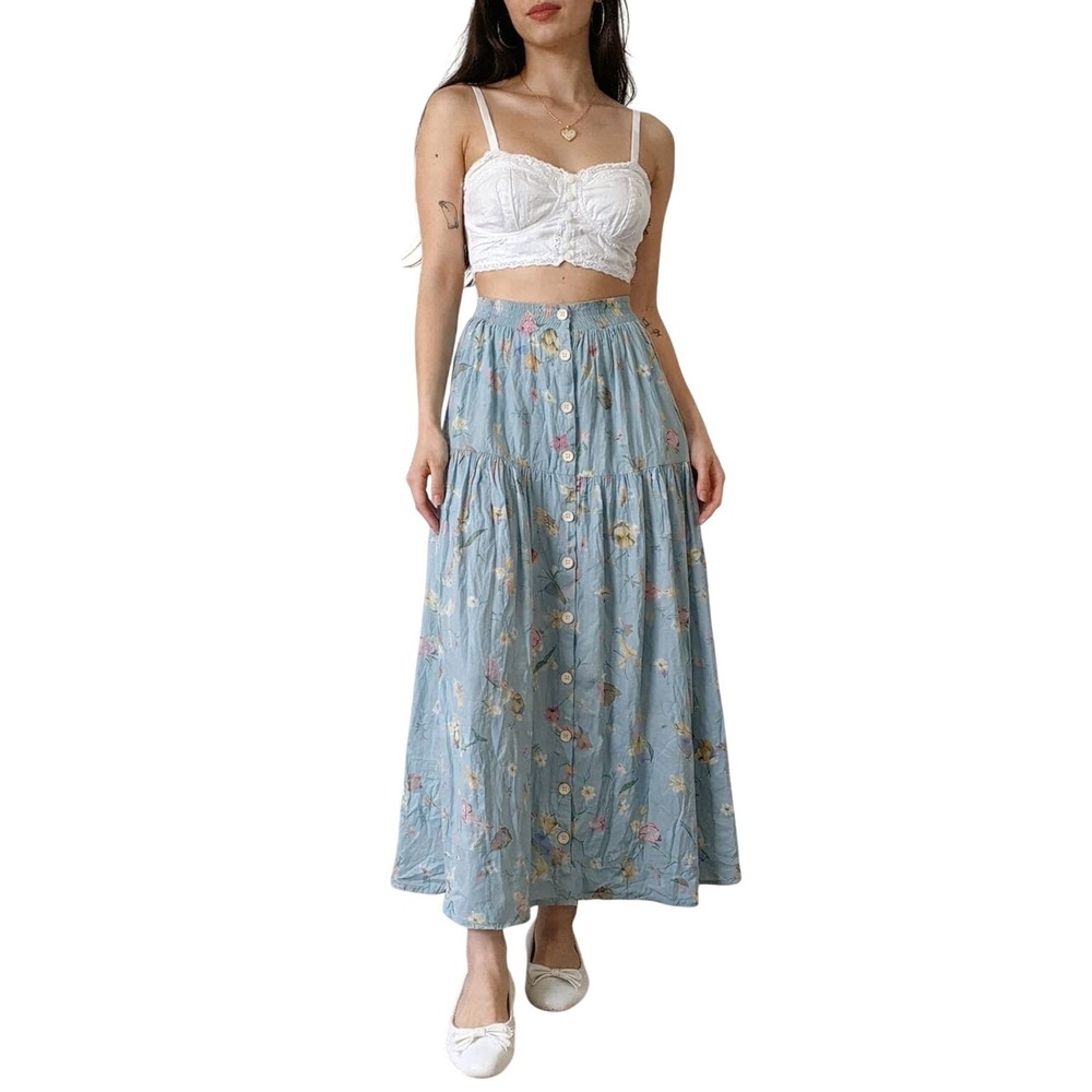 SURREALIST 90s Crinkle Floral Midi Skirt Heart Buttons Cottagecore Romantic‎